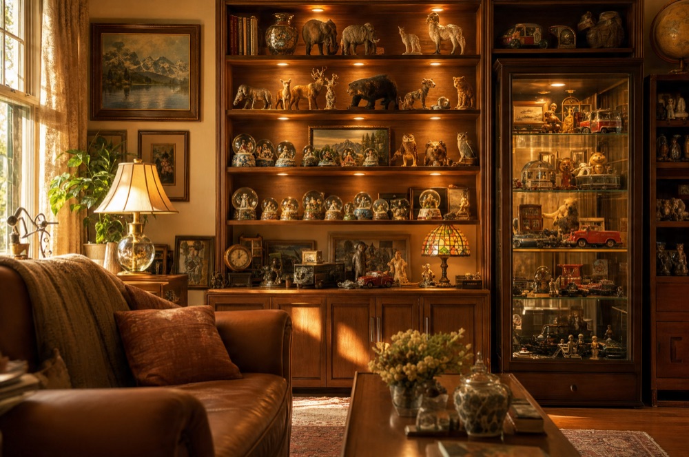 A cozy living room with shelves and a glass cabinet of vintage collectibles