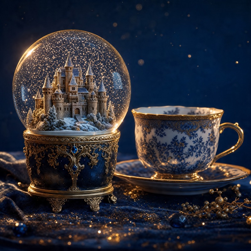 Snow globe with a castle and ceramic mug