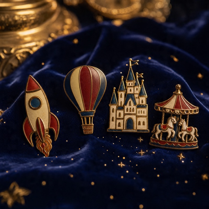 Vintage enamel collector pins on velvet